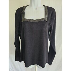 Colour Works Shirt Womens Black Faux Leather Trim Sweater Size Large